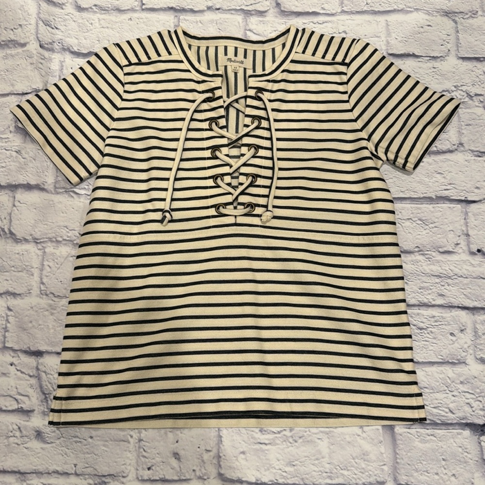 Pre-owned Madewell Striped Lace Up Short Sleeve Top. Size XS.